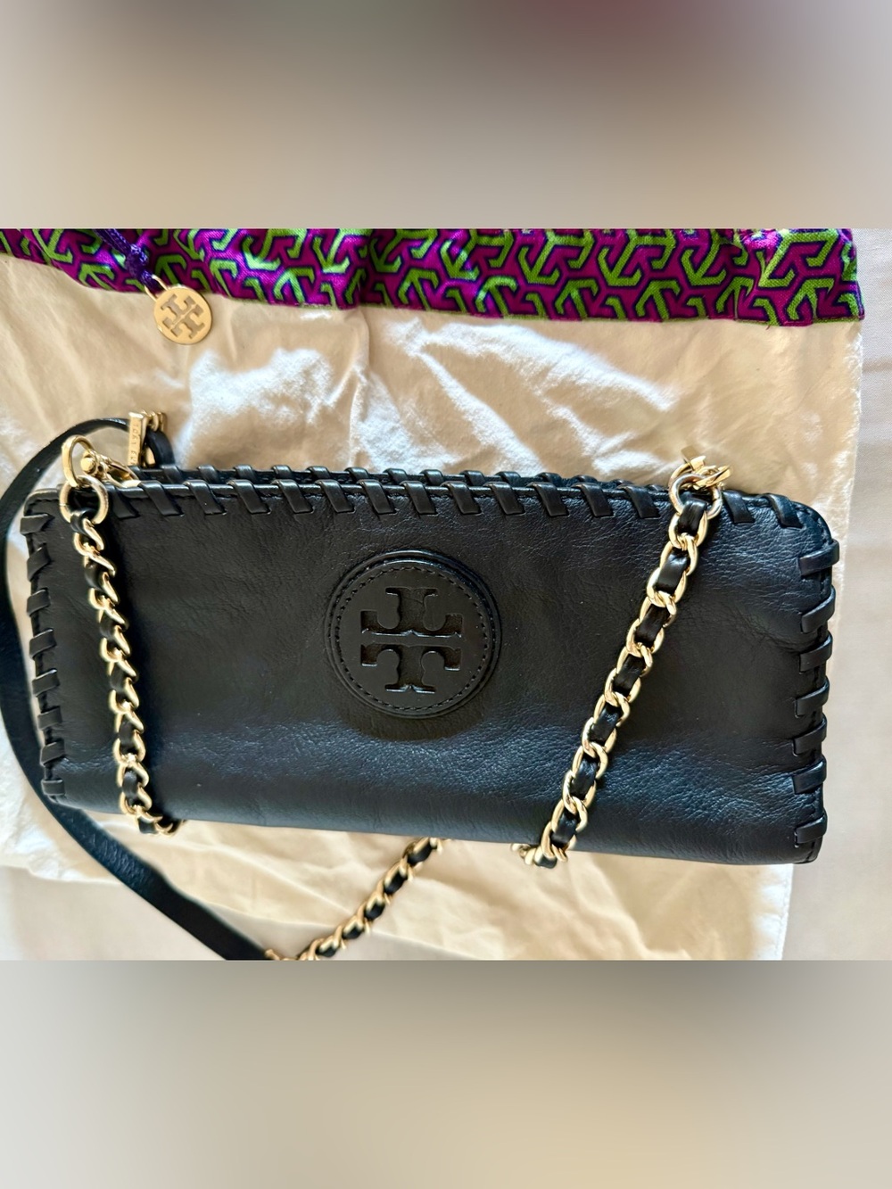 Tory Burch black leather whipstitch crossbody/clutch